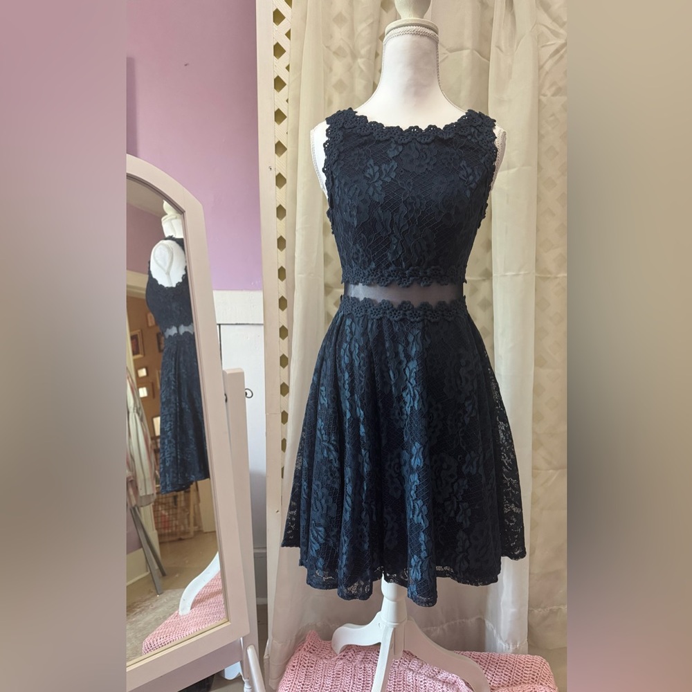 City Triangles Navy Blue Floral Lace Crop-Top Mini Dress